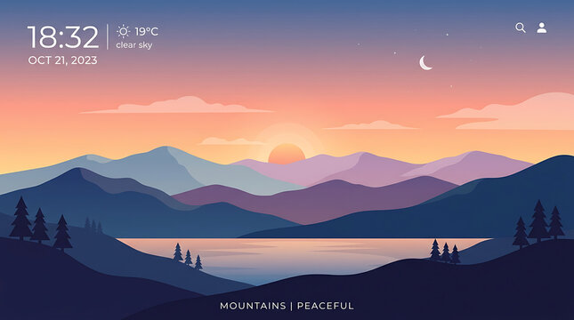 Serene mountain landscape at sunset with reflective lake and crescent moon