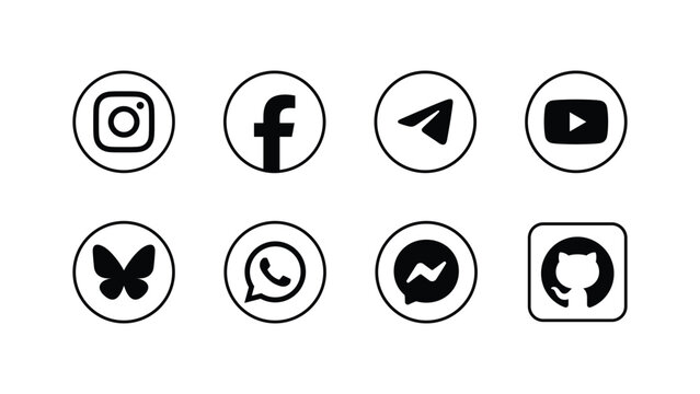 Black and White outline Social Media Icons Collection 2026, Social Media Network Icons Set, Instagram, Facebook, Telegram, YouTube, Bluesky, WhatsApp, Messenger, GitHub Black Logos