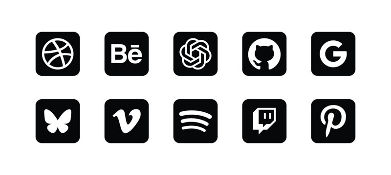 Black and White Social Media Icons Collection 2026, Social Media Network Icons Set, Dribbble, Behance, ChatGPT, GitHub, Google, Bluesky, Vimeo, Spotify, Twitch, Pinterest Logos
