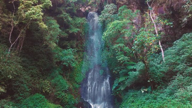 Aerial drone view of Coban Kaca waterfall flowing through dense tropical forest in Malang, East Java, Indonesia. The narrow waterfall cascades between lush green trees, creating a peaceful and seclude