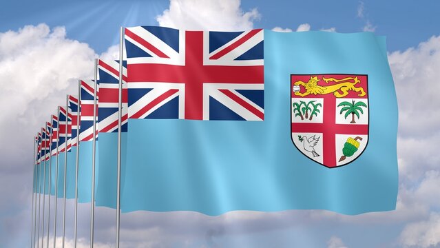Multiple Fiji Flags Waving on Blue Sky Background
