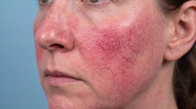 Close-up of mature female cheek showing severe rosacea with visible broken facial capillaries