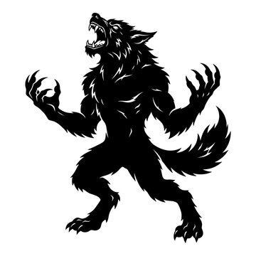 Black werewolf standing on two legs, howling at the moon, mythical creature