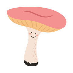 Smiling mushroom with a tall stem and large pink cap with visible gills. Flat cartoon illustration suitable for children’s designs, stickers, food packaging and botanical decor.