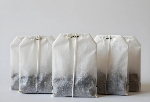 Multiple white tea bags with visible tea leaves arranged in a row, ready for brewing, isolated on a clean white background