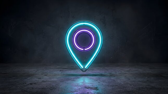 Neon location pin icon, glowing map pointer symbol, futuristic gps navigation sign