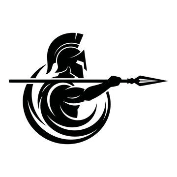 Spartan warrior throwing spear in motion black silhouette symbol logo