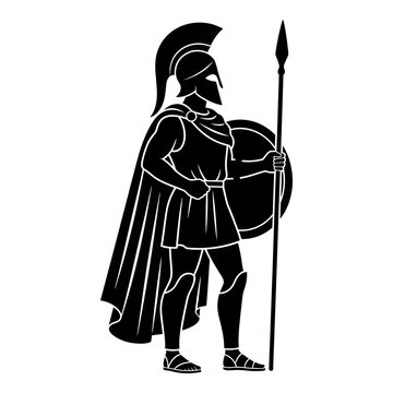 Ancient Spartan warrior in armor holding spear and shield standing strong