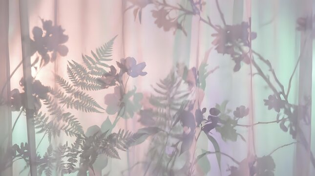 Silhouettes of fern leaves and flowering plants on translucent fabric