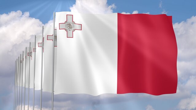 Multiple Malta Flags Waving on Blue Sky Background
