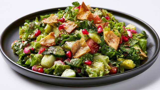 Fattoush salad with fresh vegetables, herbs, pomegranate seeds, and crispy pita bread pieces on a black plate