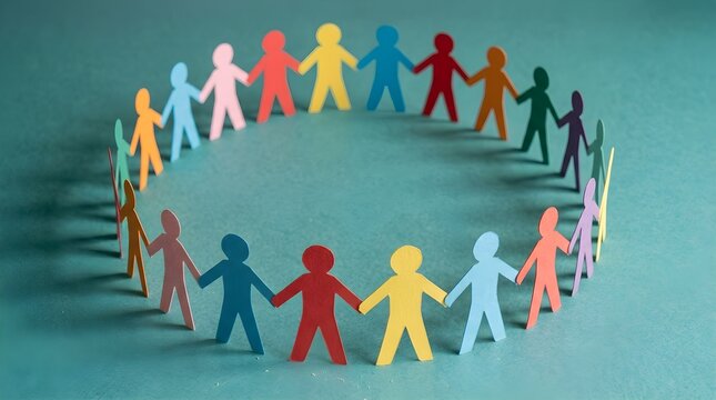 Colorful paper people chain in circle, diverse community figures, unity concept
