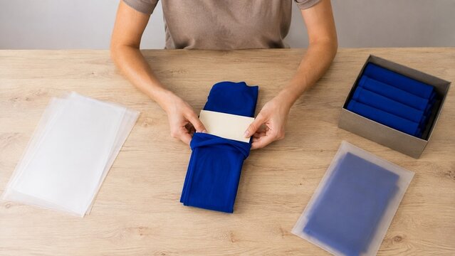 A clean wooden surface displaying stacked blue and white folded items, representing organization or preparation, ideal for retail concepts or minimalist design showcases