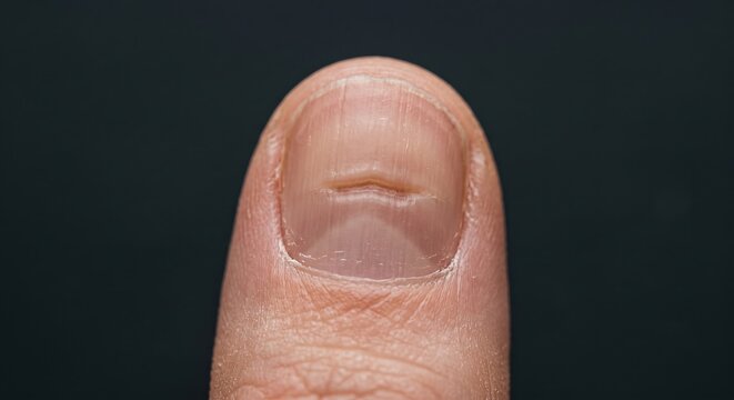 Extreme macro close up of Beau lines transverse groove dystrophy on human fingernail