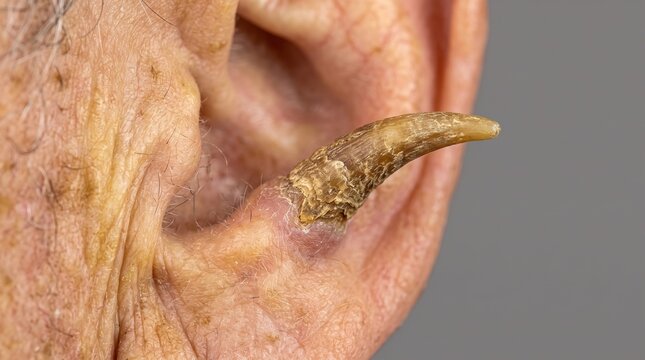 Macro photograph of cutaneous horn keratotic growth on elderly human ear lesion