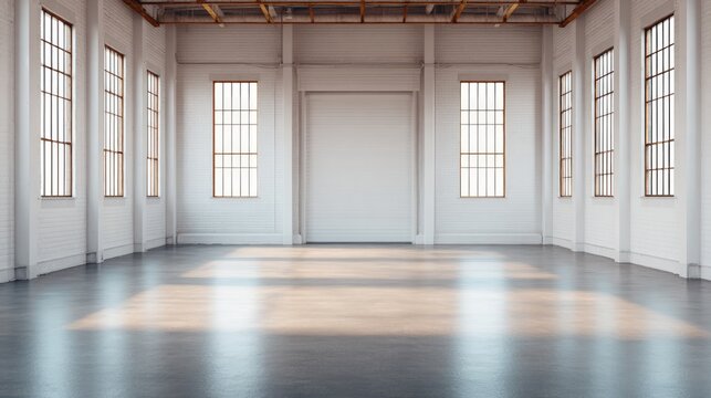 Empty Industrial Warehouse Interior with White Brick Walls and Large Windows Featuring Open Copy Space for Architectural and Commercial Design Projects