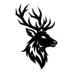 Naklejka premium Black stylized deer head silhouette with antlers isolated on white background