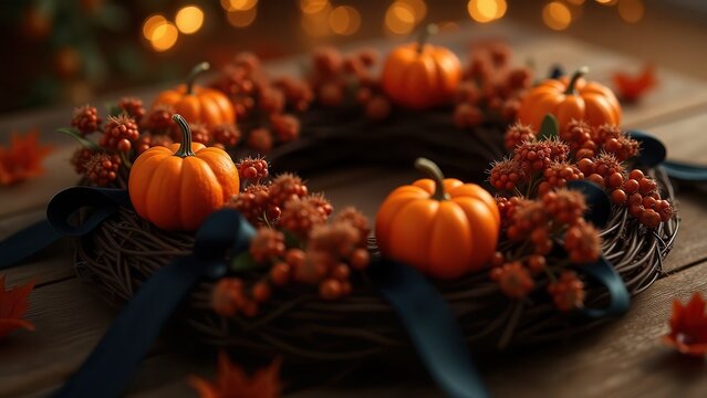 Mystical autumn wreath with black ribbons, glowing berries and small pumpkins