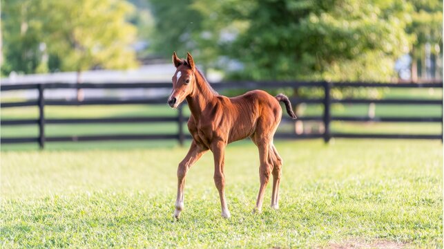 Newborn foal standing shakily on long legs with umbilical cord in grassy field.