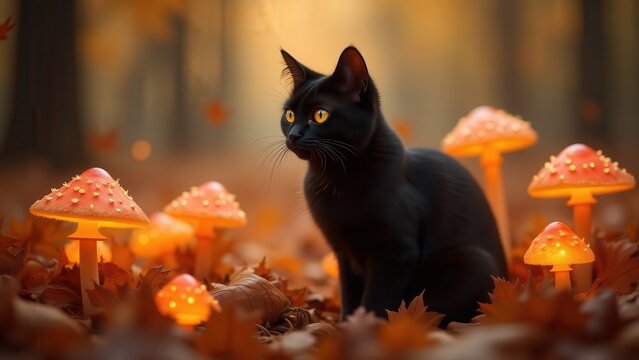 Art nouveau black cat sitting among glowing mushrooms and autumn leaves