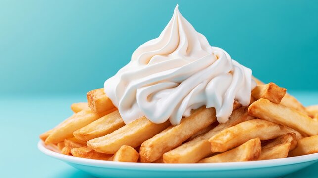 Golden crispy french fries piled on a plate, topped with a thick swirl of white mayonnaise, presented against a vibrant blue backdrop
