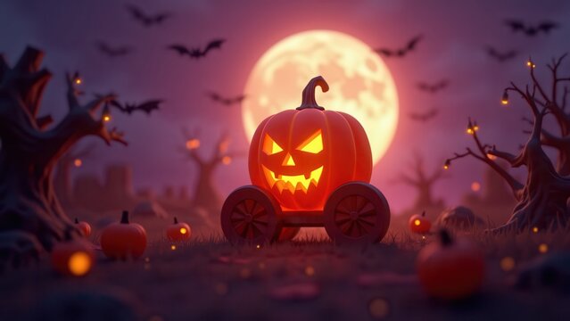 Low-poly glowing haunted pumpkin carriage under full moon, bright orange purple palette