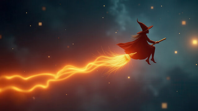 Surreal flying witch broomstick leaving glowing orange trail across starry sky, bright vibrant colors