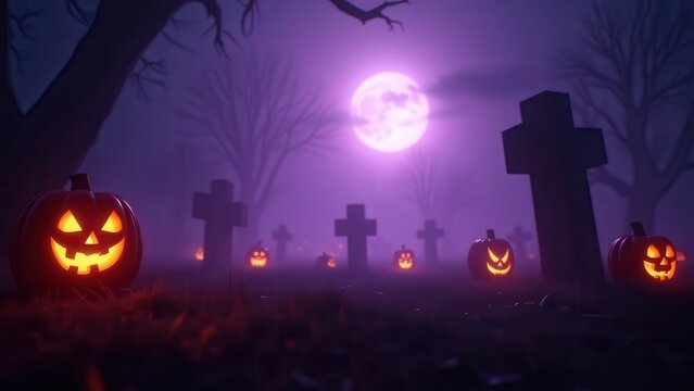 Cinematic foggy graveyard with glowing jack-o'-lanterns on tombstones, dramatic purple moonlight