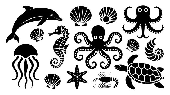 Black marine animal silhouettes featuring dolphins octopus seahorses jellyfish shells and turtle