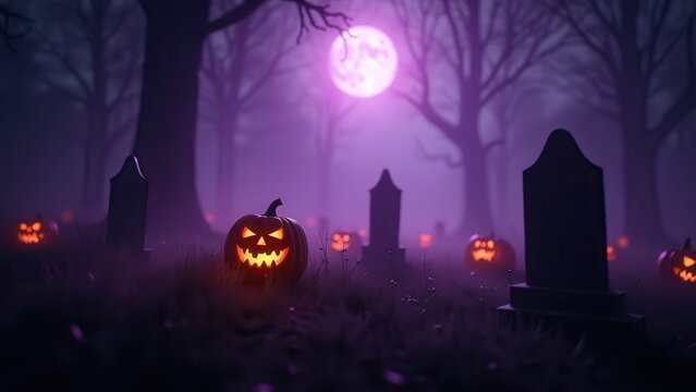 Cinematic foggy graveyard with glowing jack-o'-lanterns on tombstones, dramatic purple moonlight
