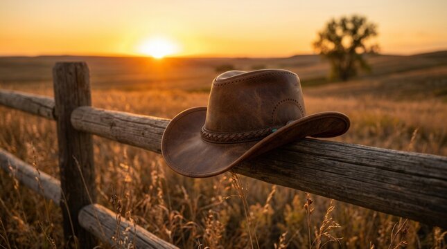 Cowboy hat resting on a rustic wooden fence during a golden sunset setting.