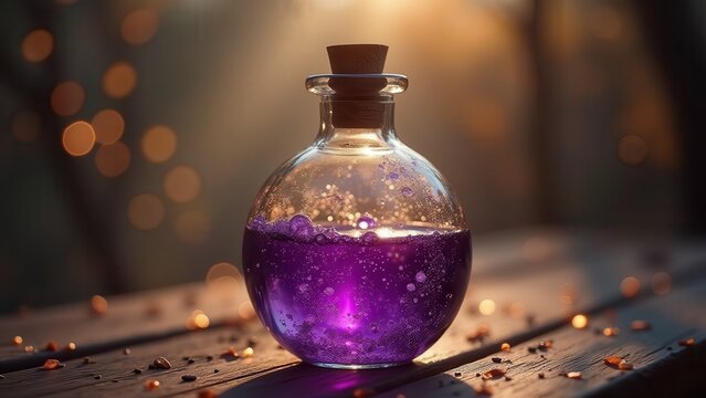 Art nouveau elegant glass potion bottle with bubbling purple liquid and golden runes