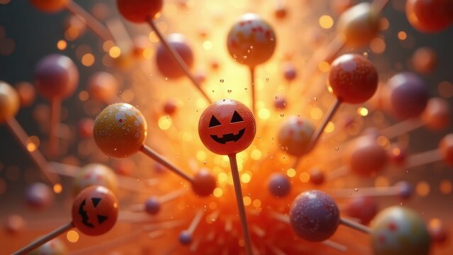 Surreal macro explosion of colorful Halloween candies and lollipops floating in air, bright juicy palette