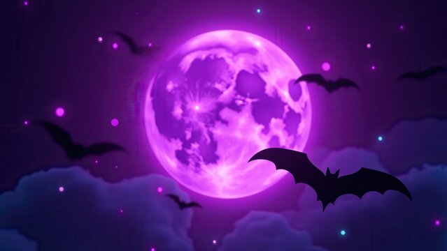 Neon cyberpunk black bats swarming around giant glowing purple moon, electric pink cyan accents