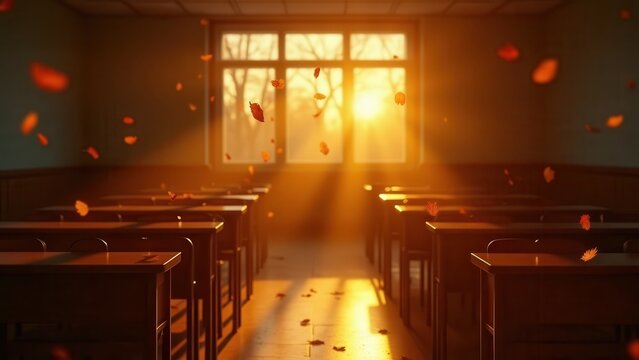 Cinematic empty classroom at golden hour with falling leaves, warm dramatic light