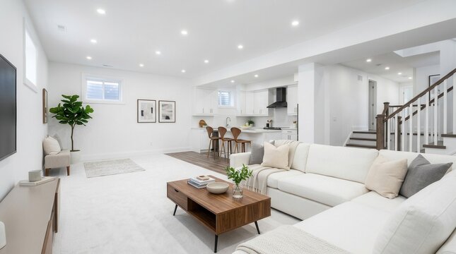 Modern basement room in a beautiful house with bright decor and stylish furnishings.