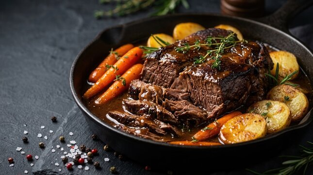 Traditional American pot roast recipe featuring beef chuck, carrots, and Yukon Gold potatoes