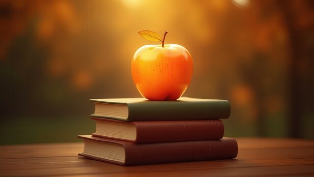 Surreal golden apple glowing on top of towering book stack, luminous warm palette