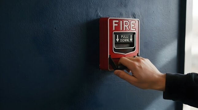 Hand Pulling Down Red Fire Alarm Pull Station Mounted on Dark Wall