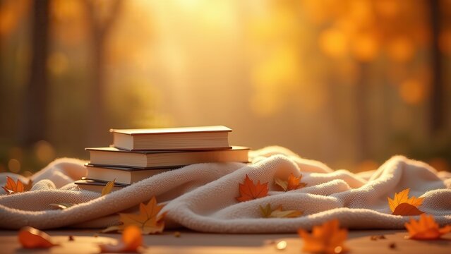 Cozy blanket with textbooks and scattered leaves, warm orange tones