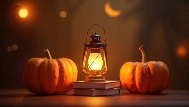 Low-poly glowing lantern illuminating books and pumpkins, magical warm colors