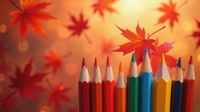 Macro colored pencils arranged with red maple leaves