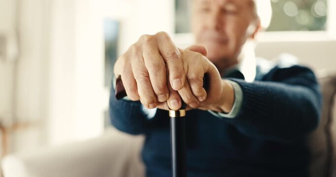 Thinking, hands and senior man with walking stick for nostalgia, reflection and remember in home. Retirement, pensioner and person with memory, thoughtful and cane for support, balance and aid