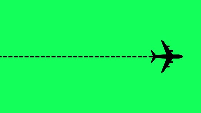 Airplane flying on dash line path animation on green background. Airplane icon left to right position with dash line trace from dash line represents air travel, aviation routes and global connectivity