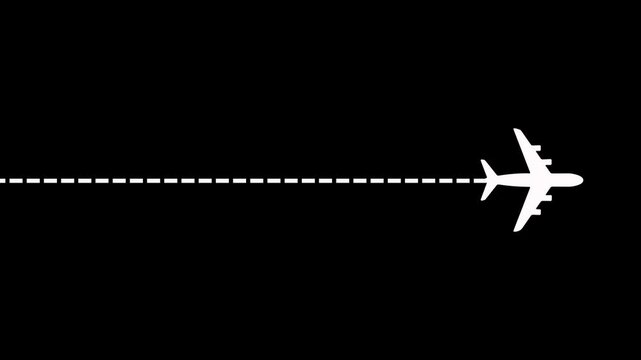 Airplane flying on dash line path animation on black background. Airplane icon left to right position with dash line trace from dash line represents air travel, aviation routes and global connectivity