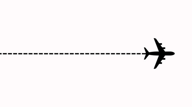 Airplane flying on dash line path animation on white background. Airplane icon left to right position with dash line trace from dash line represents air travel, aviation routes and global connectivity