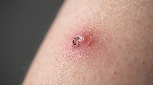 Extreme macro close up of inflamed pustule bump with curling ingrown hair on skin