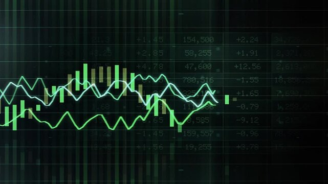 Close up financial market candlestick chart screen movement trading data