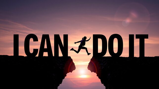 Person silhouette jumping across a gap formed by I CAN DO IT words, representing personal challenge, determination, and achieving goals