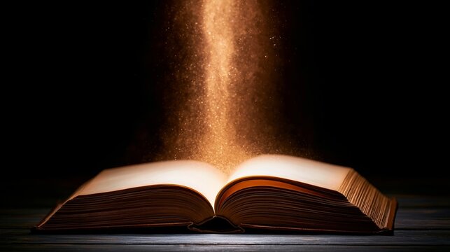 Open book revealing golden particles emerging from pages, symbolizing knowledge, magic, and discovering stories in light